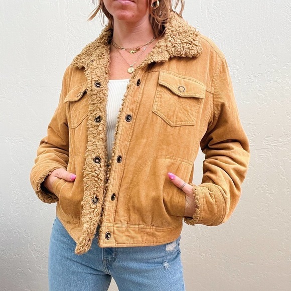 Vintage Y2K Tan Corduroy Fur Trim Button Up Jacket - Picture 3 of 6